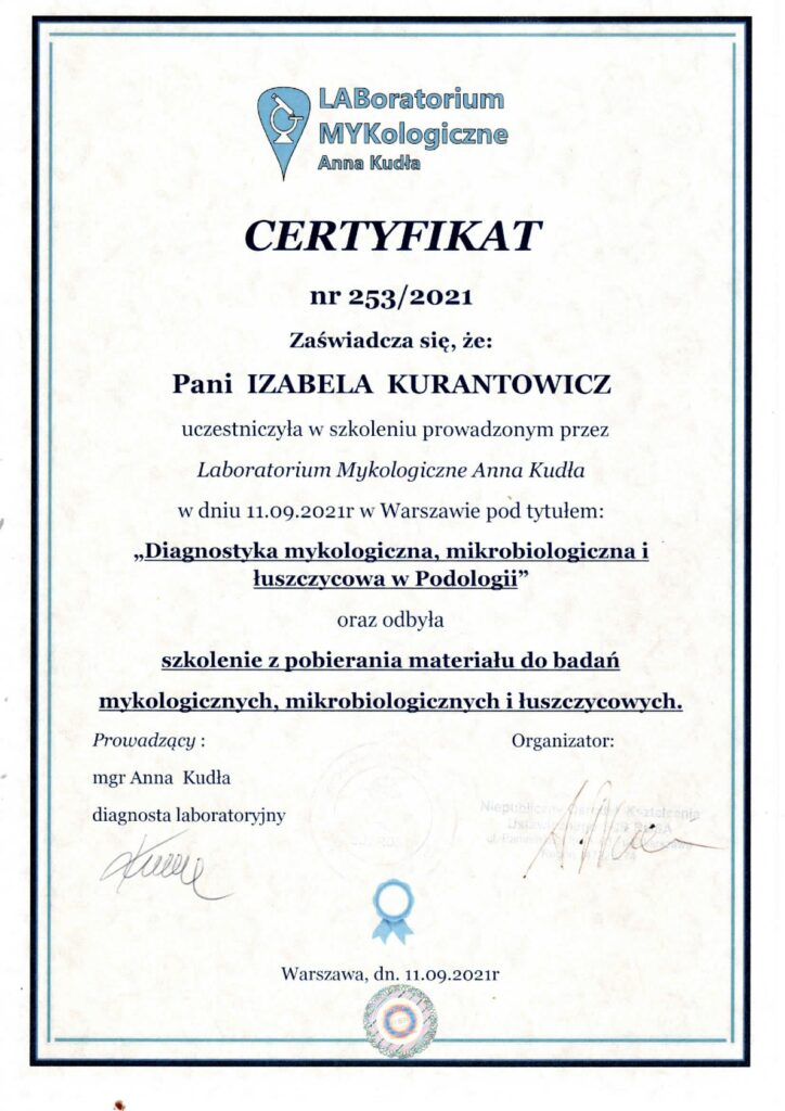 Certyfikat "Diagnostyka mykologiczna, mikrobiologiczna i łuszczycowa w podologii"