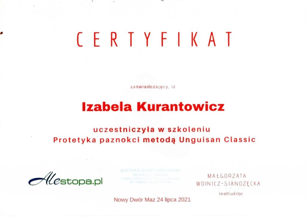 Certyfikat "Protetyka paznokci metodą Unguisan Classic"