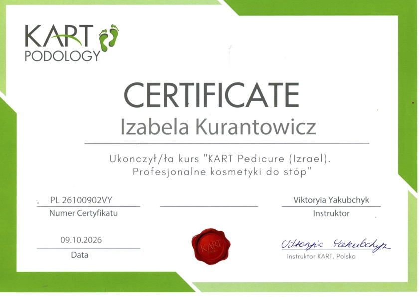 Certyfikat KART Podology – Izabela Kurantowicz